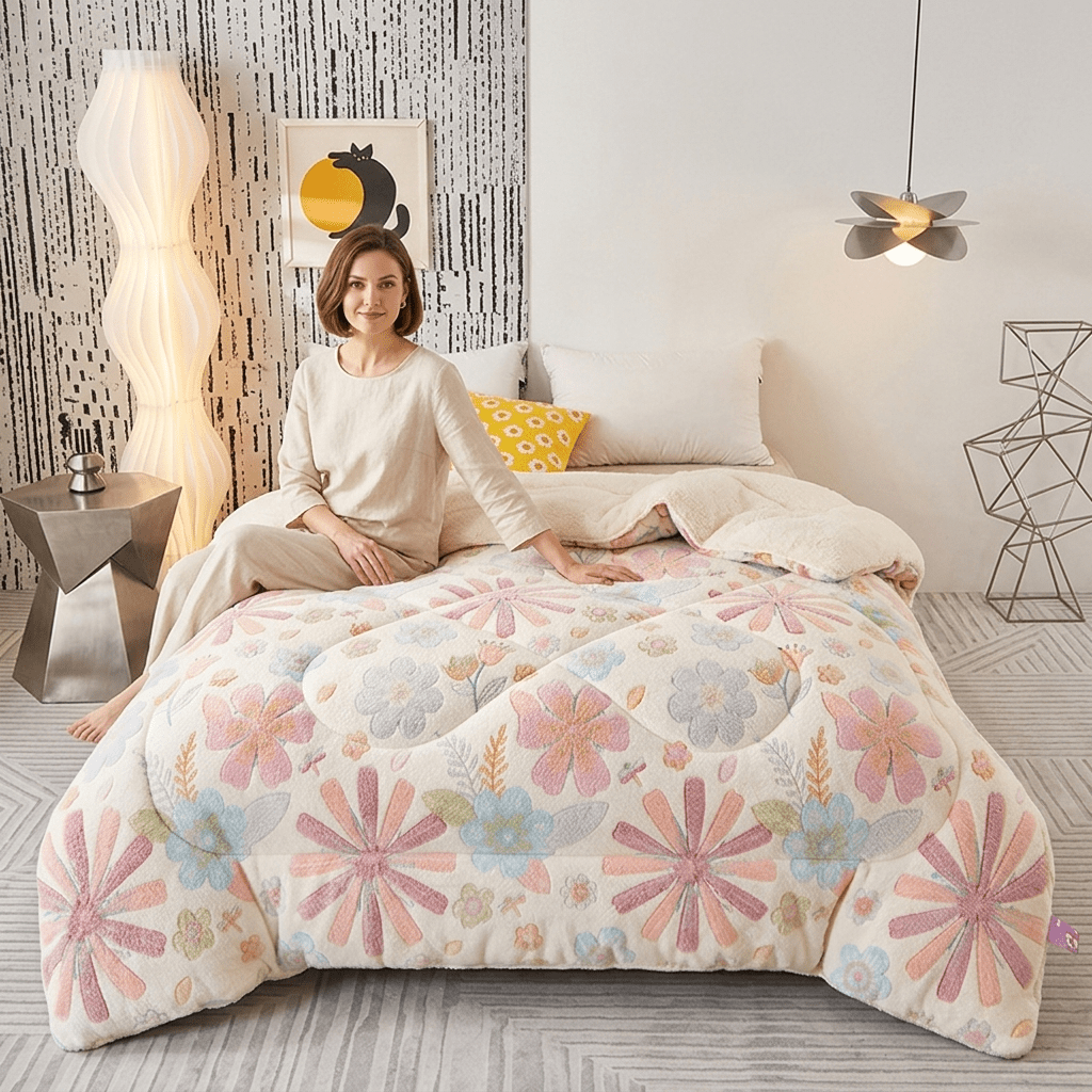 Image of Autumn Winter Bedding With Floral Snowflake Print For Guest Rooms.