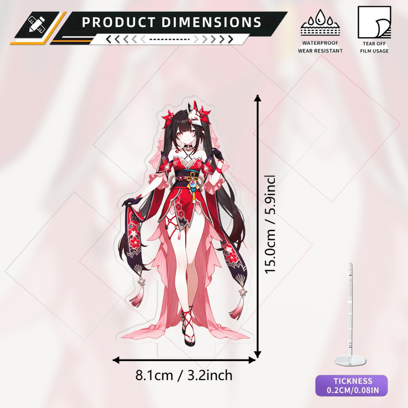 TEMU 【商品名】2Dアクリルスタンディーデコレーションサイン＆プラーク。赤い着物風の女性キャラクターがテーブに立っているアクリルスタンド。全体的な輪郭は簡潔で、対比は鮮明。袖の模様は複雑。