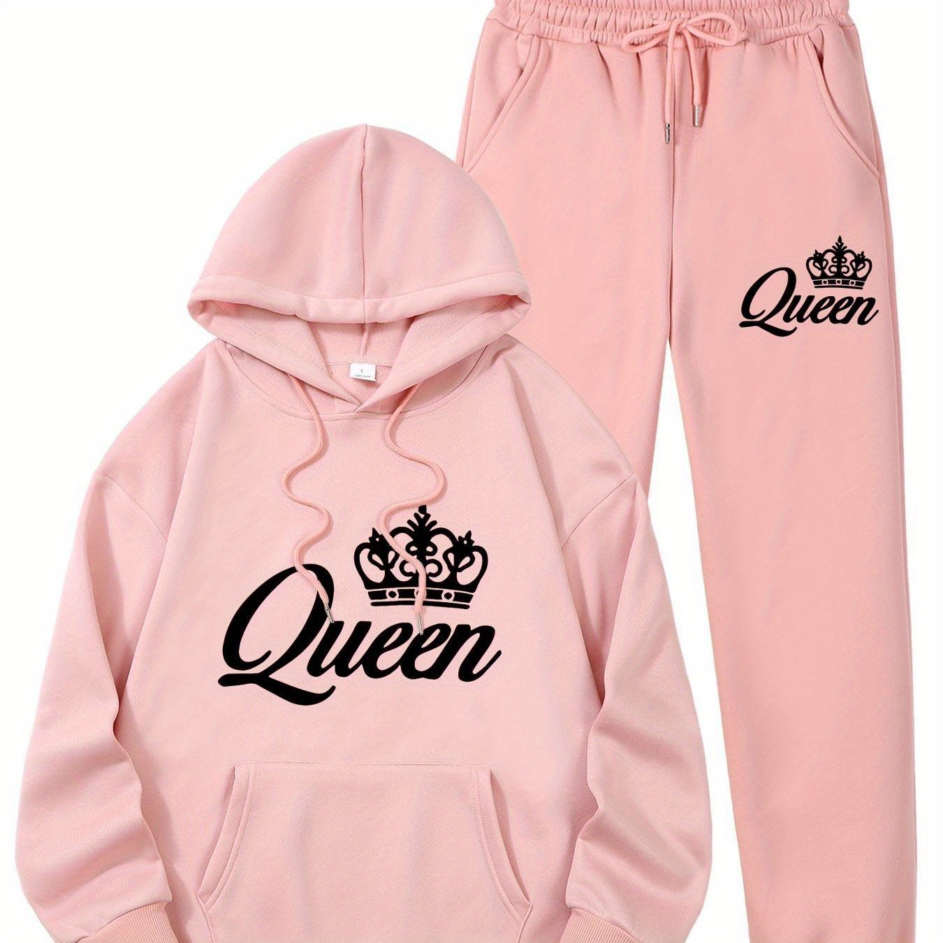 

& Letter Print Hoodie And Pants Set, Women's Casual Knit Polyester Tracksuit, Crew Neck Long Sleeve Sweatshirt With Pockets, For All Season Comfort