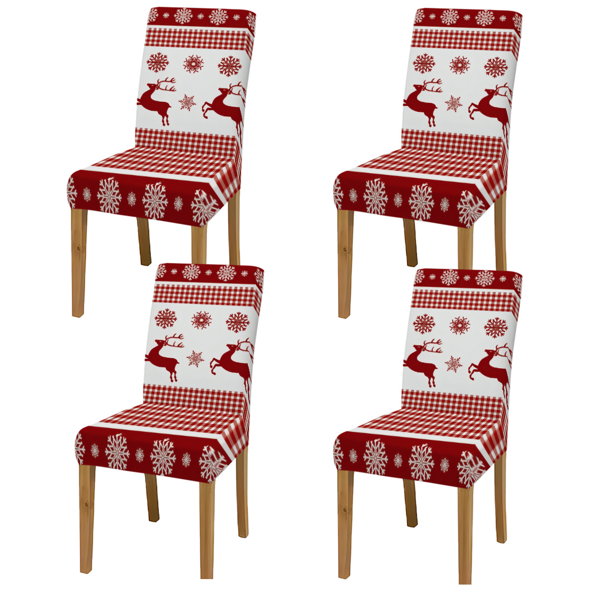 TEMU 2pcs/4pcs/6pcs Creative All-match Red White Checkered Reindeer Snowflake Printed Elastic Chair Covers, Washable Non-slip Christmas Decoration