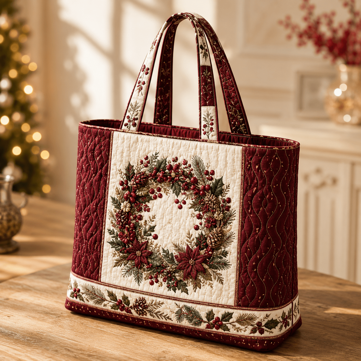 TEMU Grand sac fourre-tout matelassé 17 X 15 pouces pour femmes, parfait pour les , et de sport. Broderie de couronne de et d'aiguilles de pin, idéal