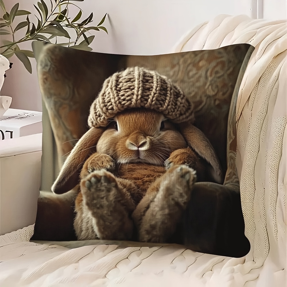 TEMU 1pc Pillowcase, Brown Lop-eared Rabbit Design, Made Of Soft And Smooth Polyester Short Plush Fabric, Single-sided Printed Pattern, 45cm X 45cm -
