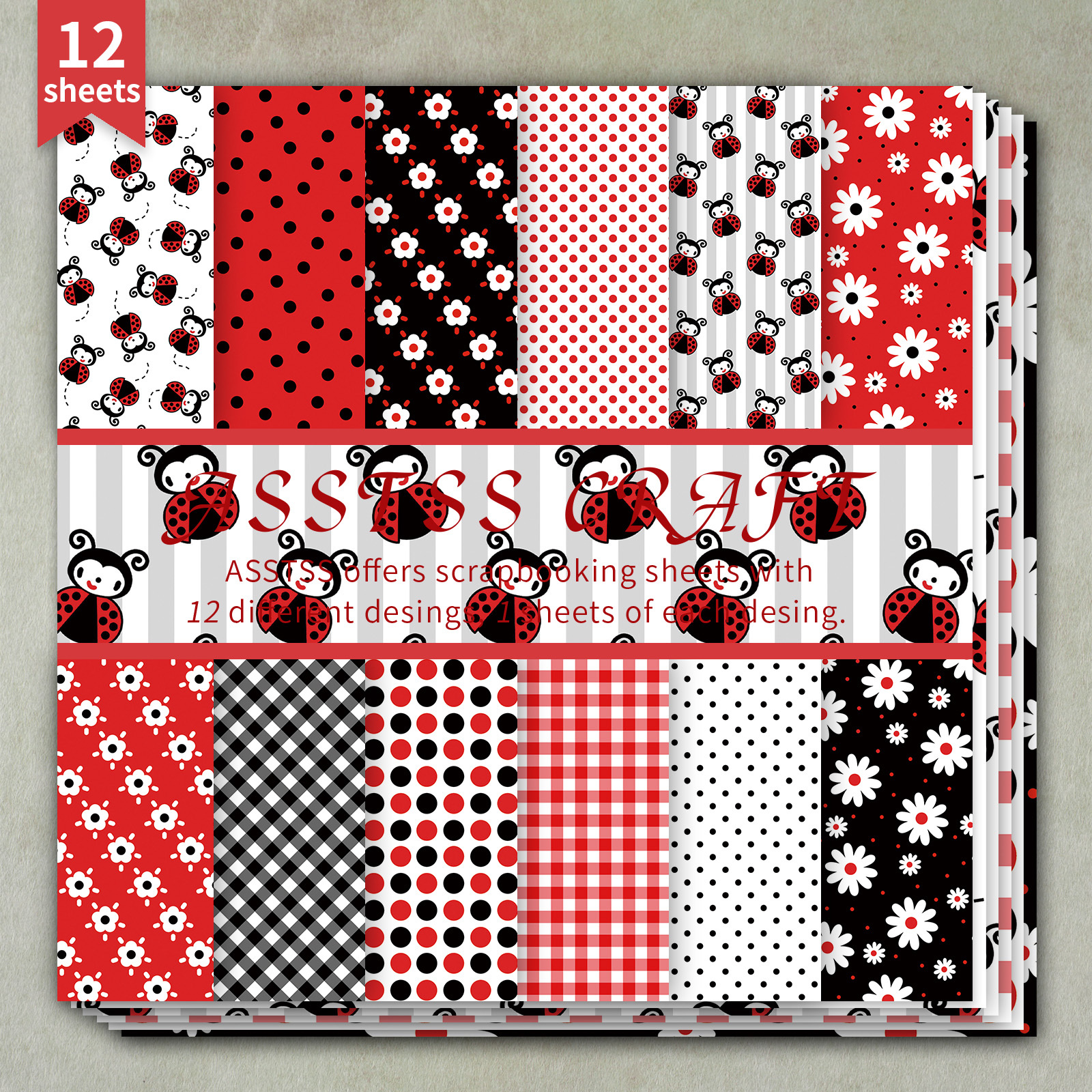 TEMU 12-sheet Asstss Inches Scrapbooking Paper Pad, Ladybug Daisy Red And Black Style Backing Paper Supplies, Heavyweight Cardstock For Journaling,