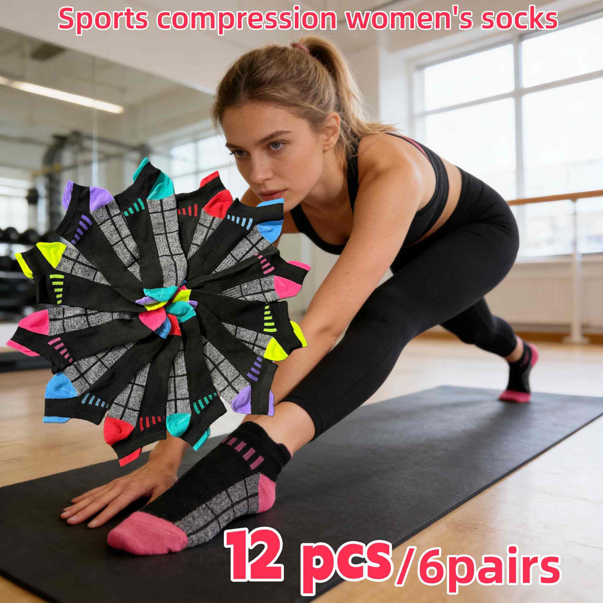 E-shop 12 Stück 6-Paar Damen Kompressions-Sportsocken – Atmungsaktive Socken für Frauen, Kontrastfarben-Blockdesign, Low-Cut-Stil, Weicher,