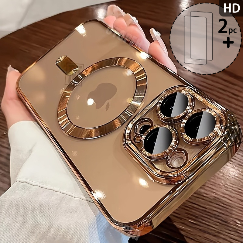 Image of Phone Case: 3pcs [case + 2 Tempered Glass] Electroplated Magnetic High- Case With Lens Film Protection, For Iphone 11/12/13/14/15/16/17 Pro Max/air/plus