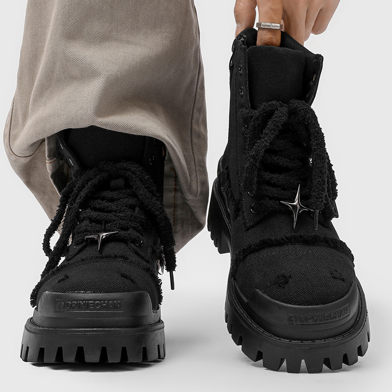 mens fashion faux fur lined canvas boots lace up ankle high winter sneakers