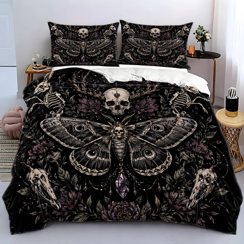 TEMU 3pcs Dark Gothic Style Moth Floral Duvet Cover Set, Bedding 3pcs Set (1*duvet Cover   2*pillowcases), Suitable For , Machine Washable, Large