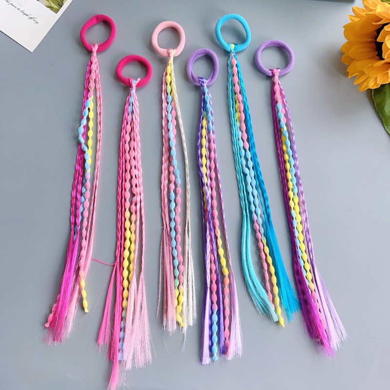4pcs Random Color Headwear Multicolor Wig Fried Dough Twists Braid Hair Loop Sweet Cool Boxing Braid Leather Tendon Tail Bean Braid Head Rope Hair Loop