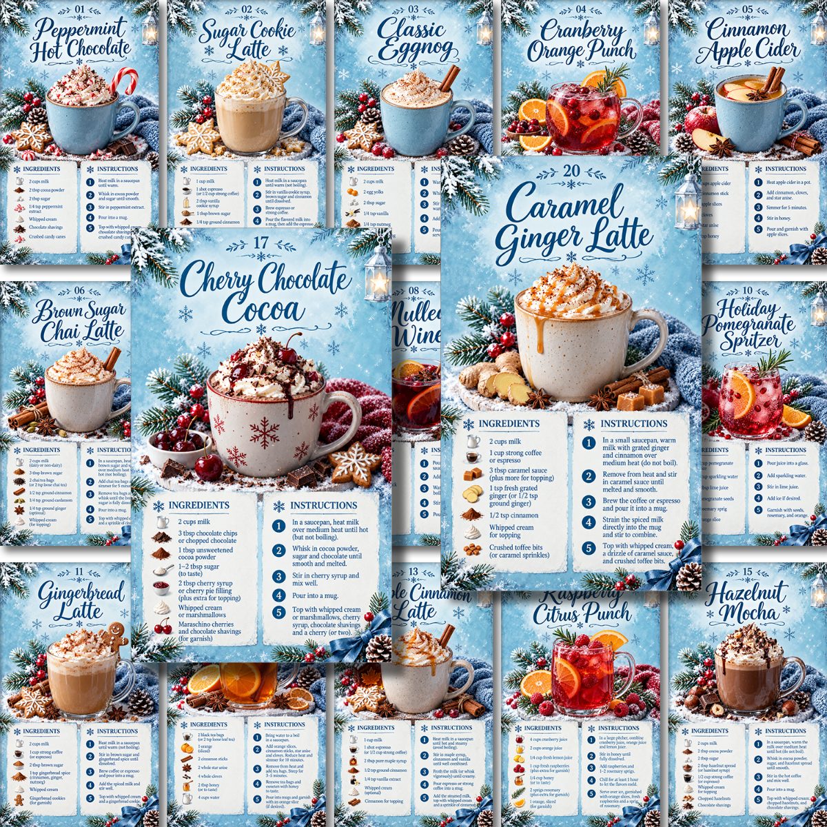 TEMU 21pcs Winter Christmas Drink Recipe Cards, Holiday Beverage Recipe Card Set, Cozy Winter Kitchen Cards For Christmas Party, Holiday Gathering &