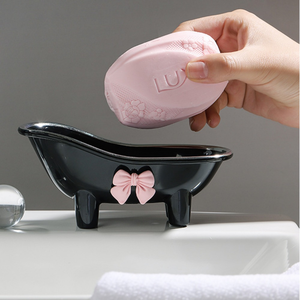 

1pc Cute Bowknot Soap Dish, Creative Bathtub Shaped Plastic Soap Holder, Rectangular Bathroom Accessory For Soap And Cleaning Products, Soap Dish