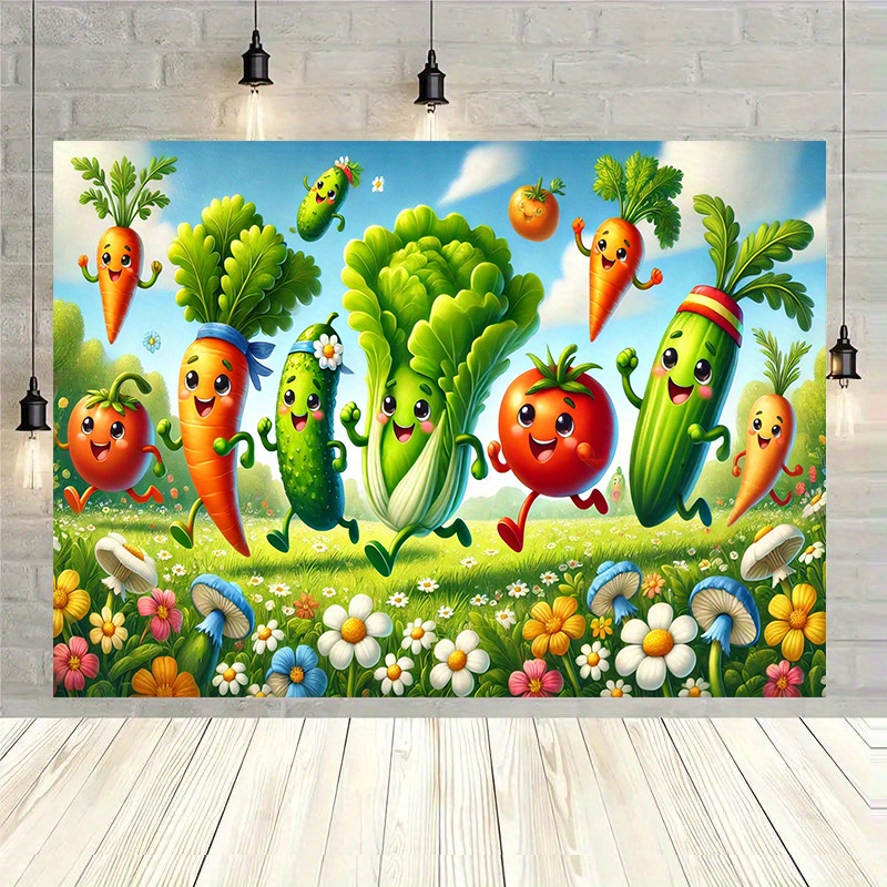TEMU 1pc Spring Vegetable Backdrop Wall Hanging - Cute Carrots, Broccoli, Tomatoes, , Peppers, Lettuce - Pastel Colors (green, Orange, Red, Yellow,