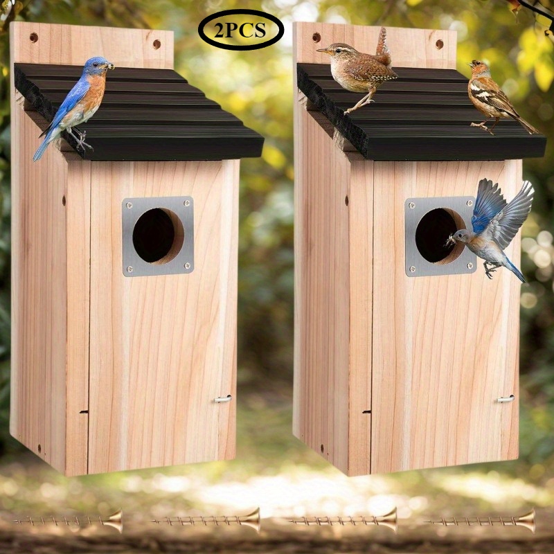 Image of Cedar Bluebird Box Houses For Outside, 1-1/2'' Entrance Hole Wooden Bird Houses With , Secure Latch, , Air Vents For Bluebird Swallow(1pack/2 Pack)