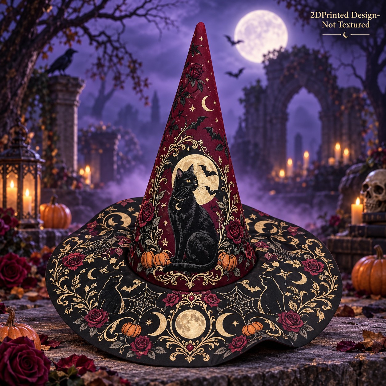 TEMU Women's For Halloween Witch Hat, Black Cat Rose Pumpkin Bat Print, Polyester 2d , Printed Design Not Textured, Party Costume Hat, For Halloween