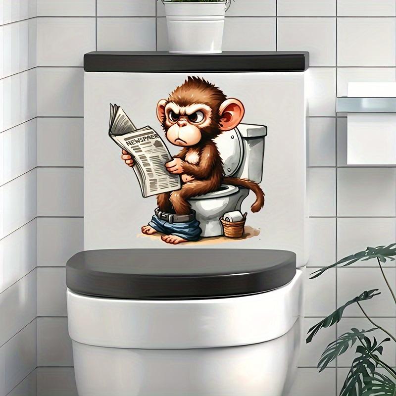 

Waterproof Monkey Reading Newspaper Toilet Decal, Plastic Bathroom Sticker, Removable Adhesive, For Holiday Decor, Christmas, Halloween, New Year Gift Decoration