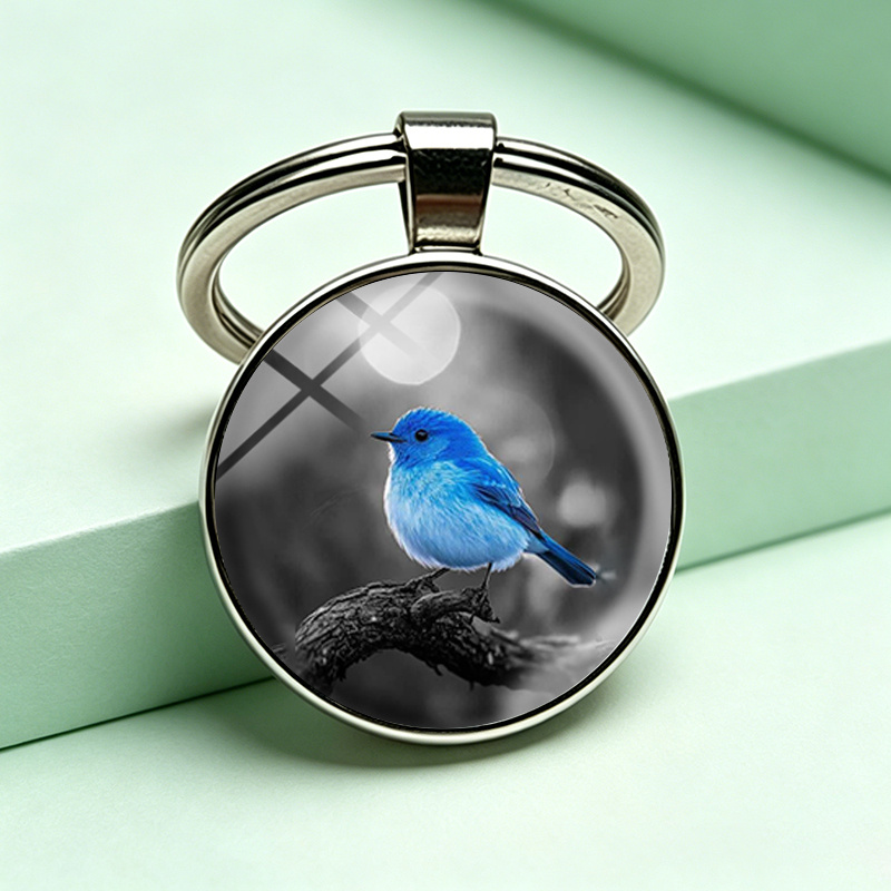 TEMU 1 pièce Porte-clés 1 pièce avec en verre rond Oiseau bleu sur une branche , , fait main, pour sac à dos, clés de voiture, cadeaux unisexes
