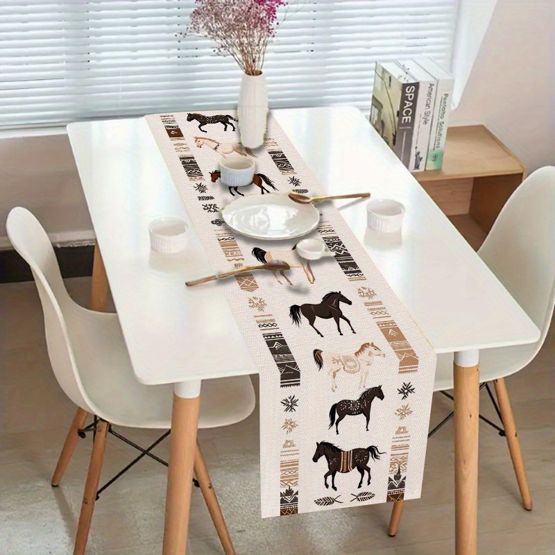 TEMU 1pc Western-style Horse And Native Pattern Table Runner - Rustic Polyester Decor With Running Horses, Tribal , And Floral Accents For