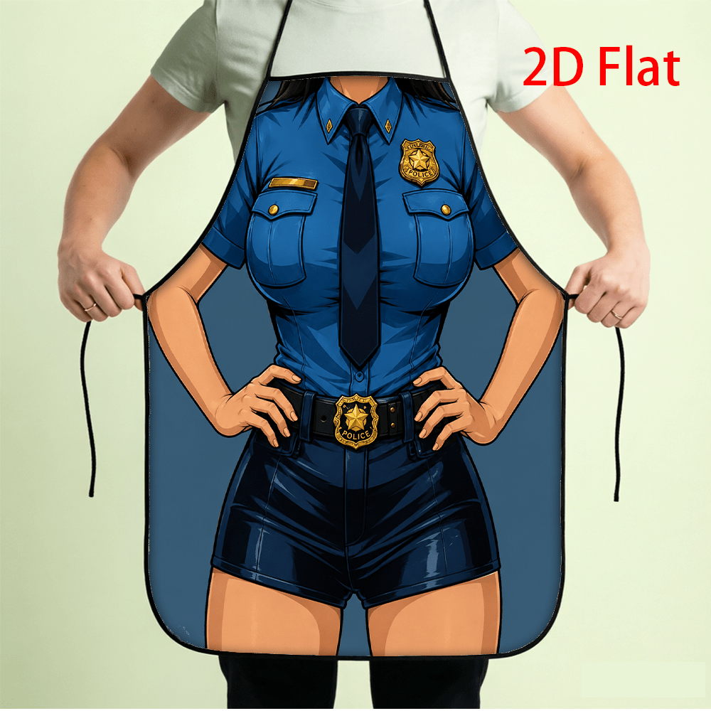 TEMU 1pc 2d Flat Printed Funny Female Police Officer Uniform Apron, Novelty Body Costume Kitchen Cooking Baking Bbq Apron, Gag Gift, 2d Flat