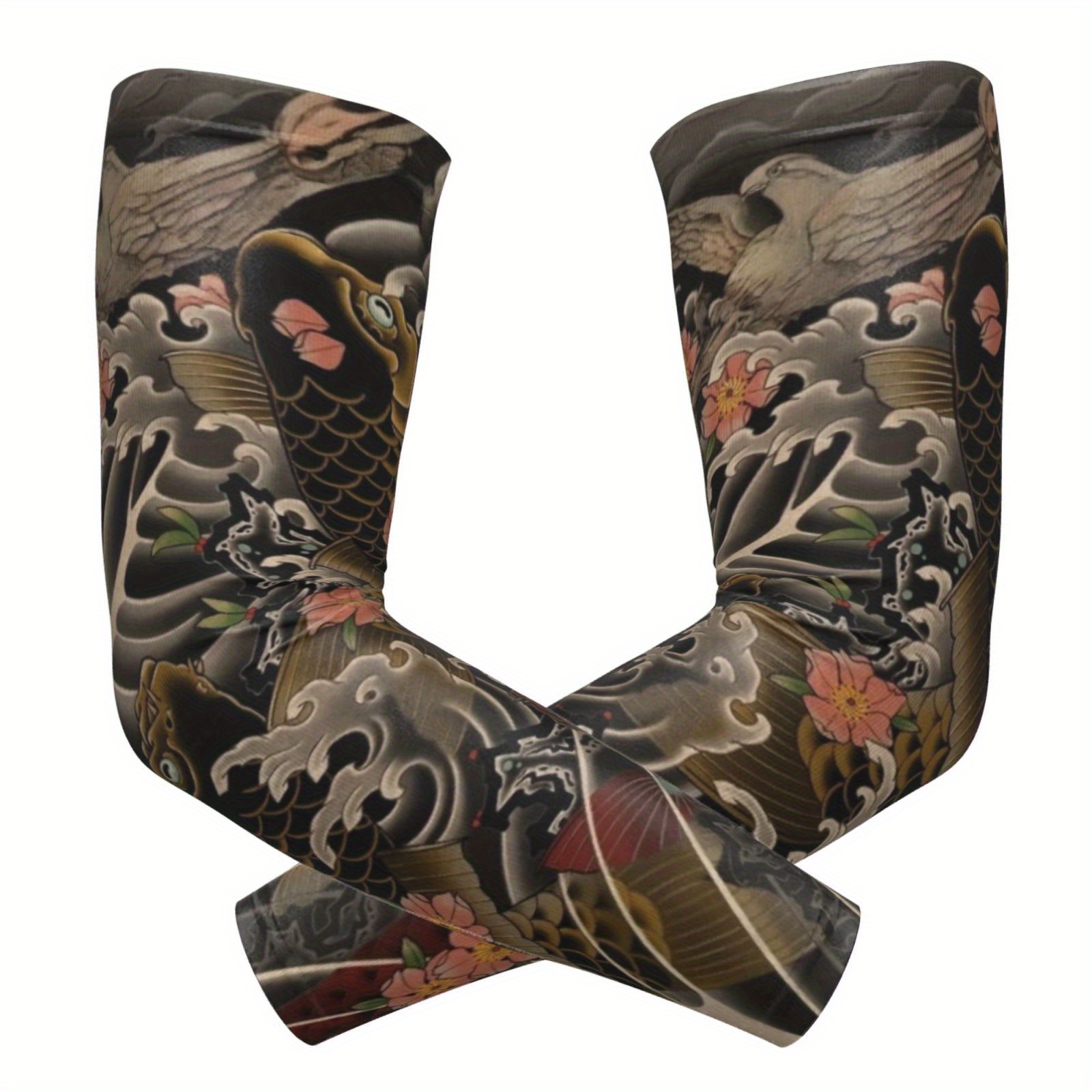 TEMU 1 Paire de Carpes Koi Peintes avec Fleurs et Oiseaux, Couverture de Manches Gongbi Interprétant un Auspice