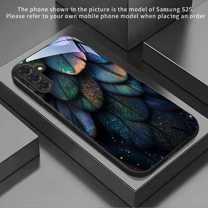 TEMU Phone Case: Iridescent Feather Pattern Phone Case Tempered Glass For Galaxy S25 Ultra/s25+//s25 Fe/s25/s24 Ultra/s24+/s24
