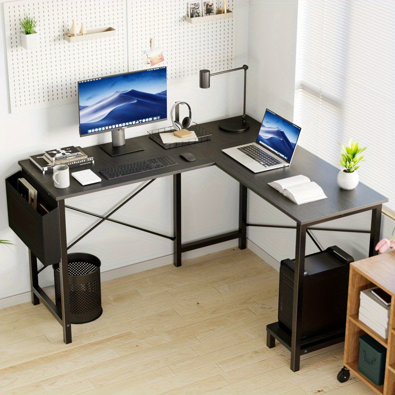 TEMU L-shaped Computer Desk, Wooden Corner, Pc Computer Desk With Storage Pocket For Home, Office And Game Room, Black