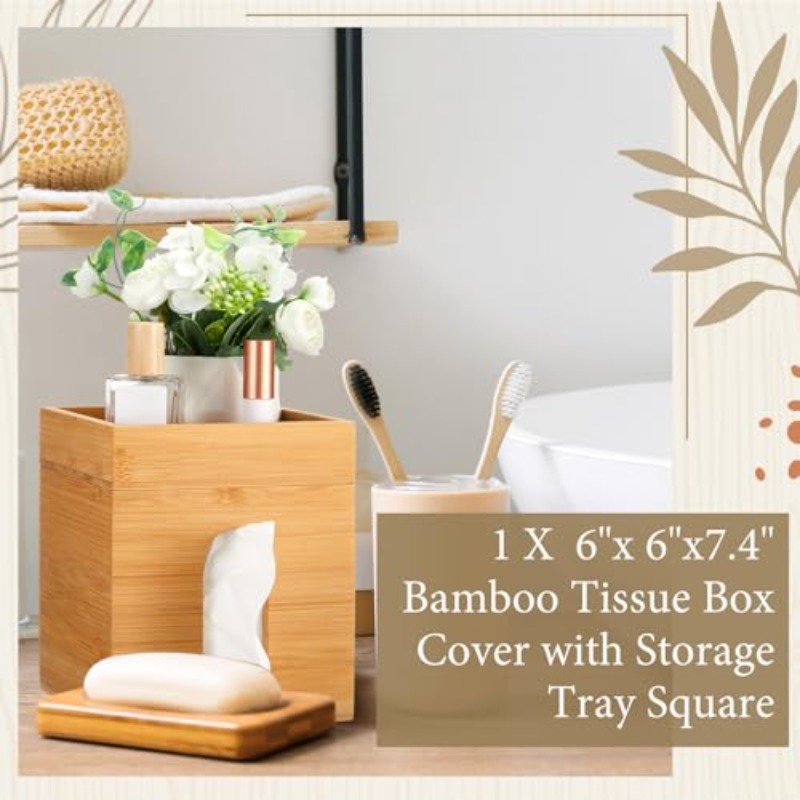 decorative bamboo tissue box cover with a storage tray measuring   x 7 4 inches this square tissue holder is   organizing facial tissues in the bathroom office or bedroom Product details 2