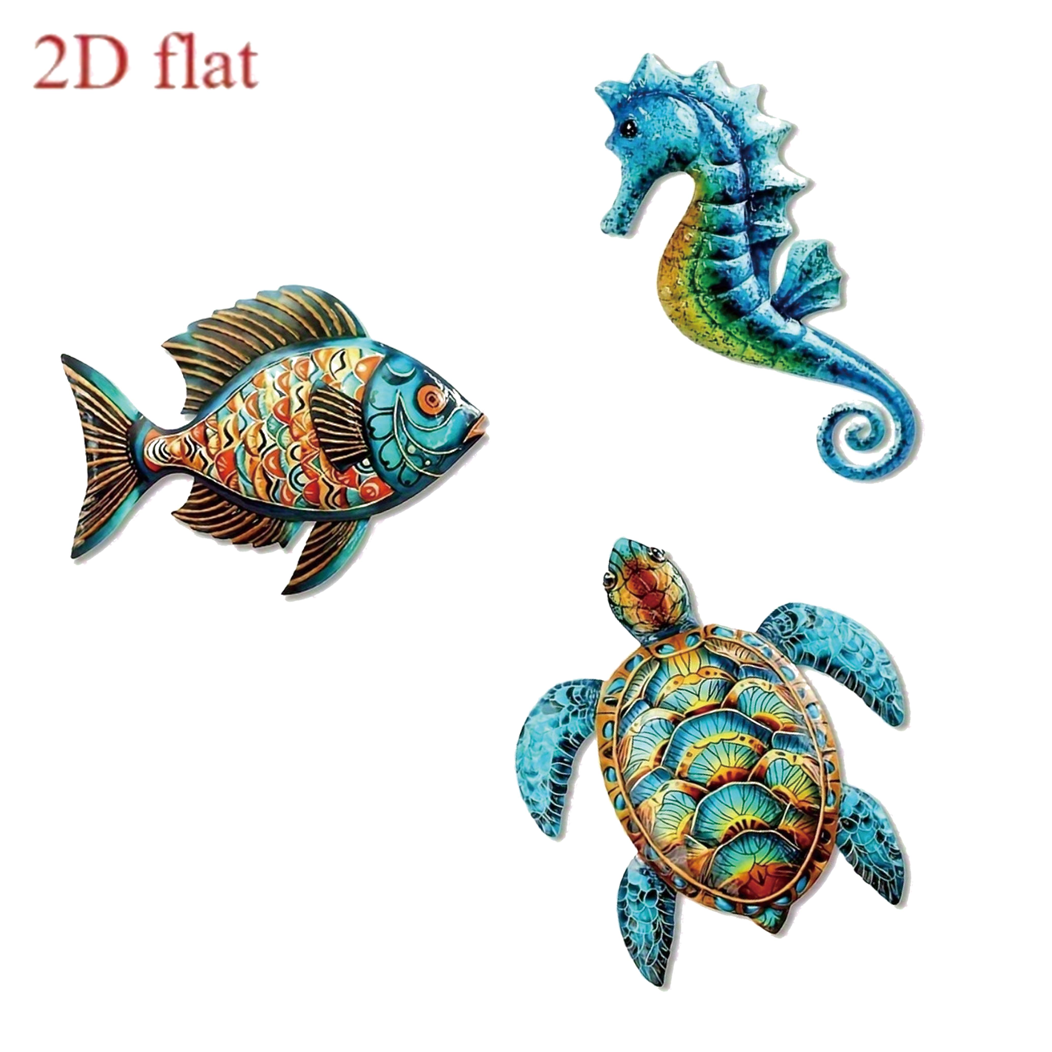 TEMU Set da 3 pezzi 2D piatto, decorazione da parete 2D piatta in metallo stampato con marina , e pesce, a tema per esterni e bagno, murale nautico