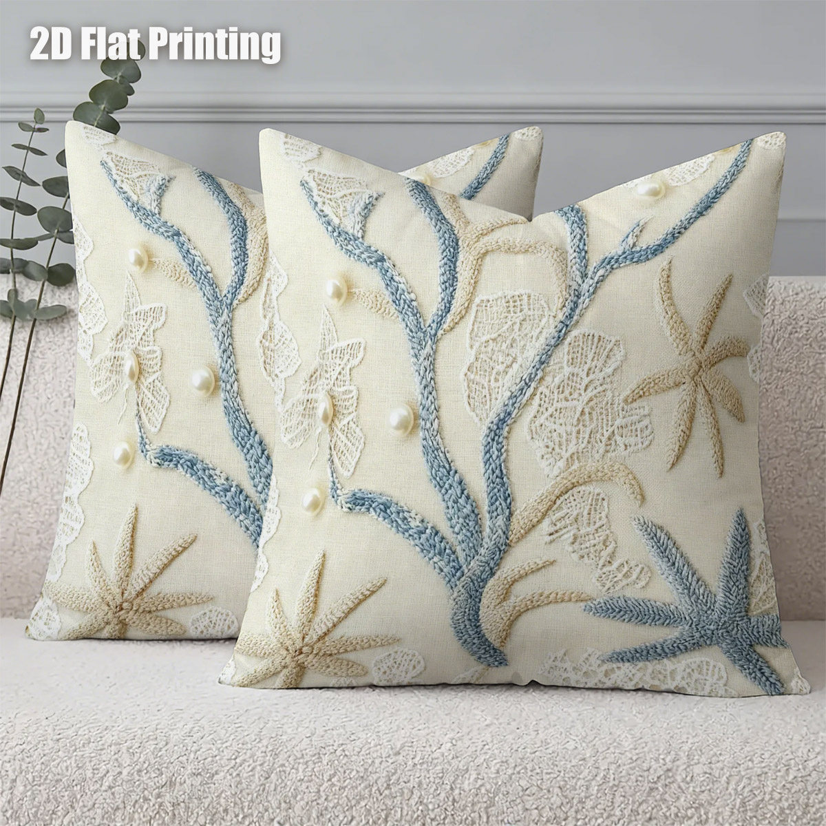 TEMU Lot de 2 housses de coussin de style côtier français, impression 2D à plat étoile de mer bleu beige, housses de coussin nautiques avec fermeture