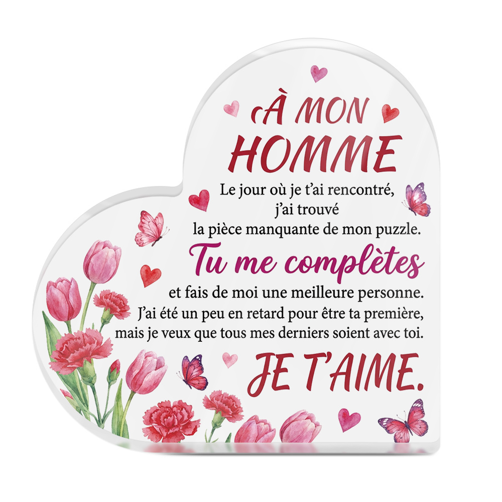 TEMU Plat 2D, 1 pièce PUTUO DECOR Panneau de Table Acrylique de Cœur avec Française "to MY for Man" - Française Moderne, Décoration de Bureau Adaptée