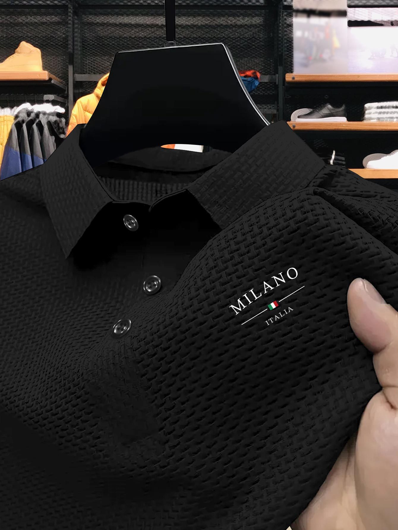Men's Milan Print Short Sleeve Golf Shirt - Breathable, Stretch Fabric, Button- Collar, Lightweight Business Casual Style for Summer, Tennis & Golf Training