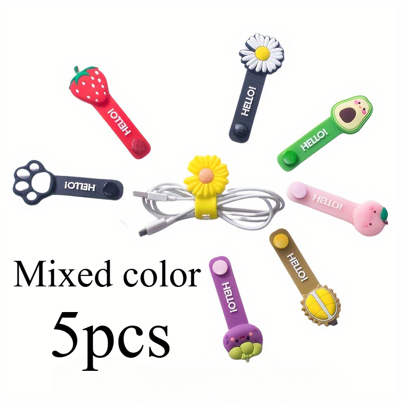 Image of 5pcs Reusable Silicone Cable Organizers Set - Animal And Fruit Themes, -free Cord Management For Headphones And Cables