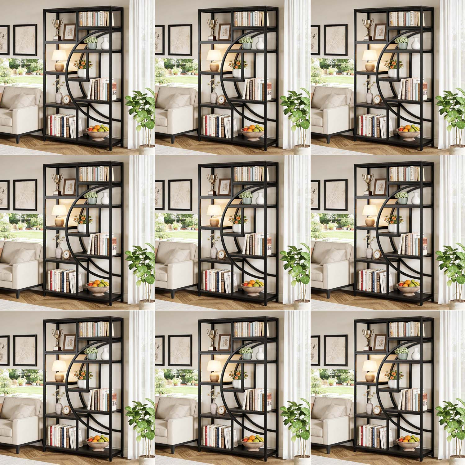 Industrial 5-tier Tall Freestanding Bookshelf - 9-open Storage Shelves Etagere Display Rack, Home Essential Daily Gift For Living Room Bedroom Holiday Arrangement