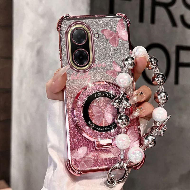 E-shop Handyhülle: Perlen-Armband-Lanyard Magnetischer Glitzer Luxus Schmetterling Handyhalter Hülle für Xiaomi Redmi A5 RedmiA5 4G Stoßfest Schockfest