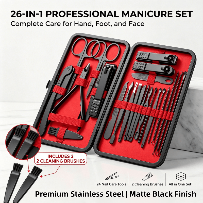 Image of 26 In 1 Manicure Set, Professional Stainless Steel Nail Clipper Kit With 2 Cleaning Brushes, Portable Nail Care Tools For Hand Grooming, Travel Grooming Kit Gift For Men Women