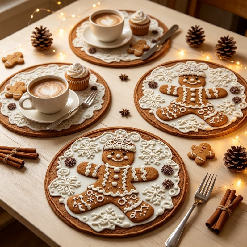 TEMU Lot de 4 sets de table ronds de Noël en pain d'épices, sets de table imprimés biscuit de neige vintage résistants à la chaleur pour repas de