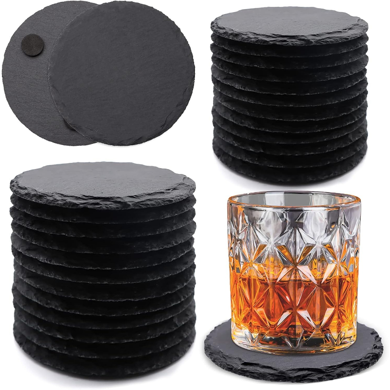 Image of 16 Slate Coasters, Dofiki 4 Inch Black Stone Coaster Set, Laser Engraving Blank Coasters (8 Square + 8 Round) With Scratch-resistant Base, Suitable For Home, Office, Kitchen, Apartment, Bar, Patio