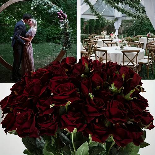 15pcs artificial wine red roses with stems flower bouquet suitable wedding valentines day birthday party decoration outdoor courtyard tabletop aesthetic setting mothers day thanksgiving decoration