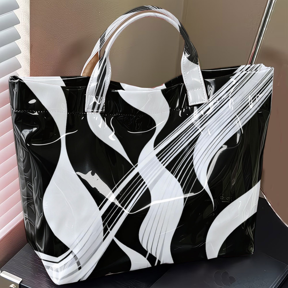 1pc, Black And White Abstract Print Glossy Tote Bag, Large Capacity Handbag, Zebra/floral/curve/flame Style For , Shopping And Daily Use