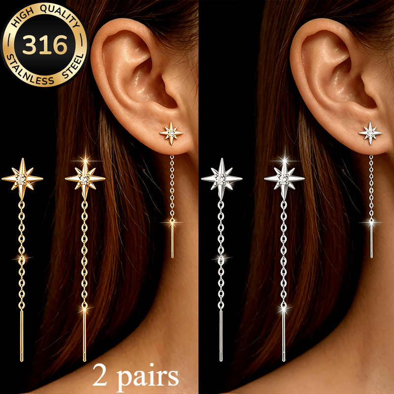 TEMU A Pair Of Exquisite Golden+silvery Matching Stainless Steel Star Tassel Drop Earrings, Long Women's Earrings, Stainless Steel Jewelry,