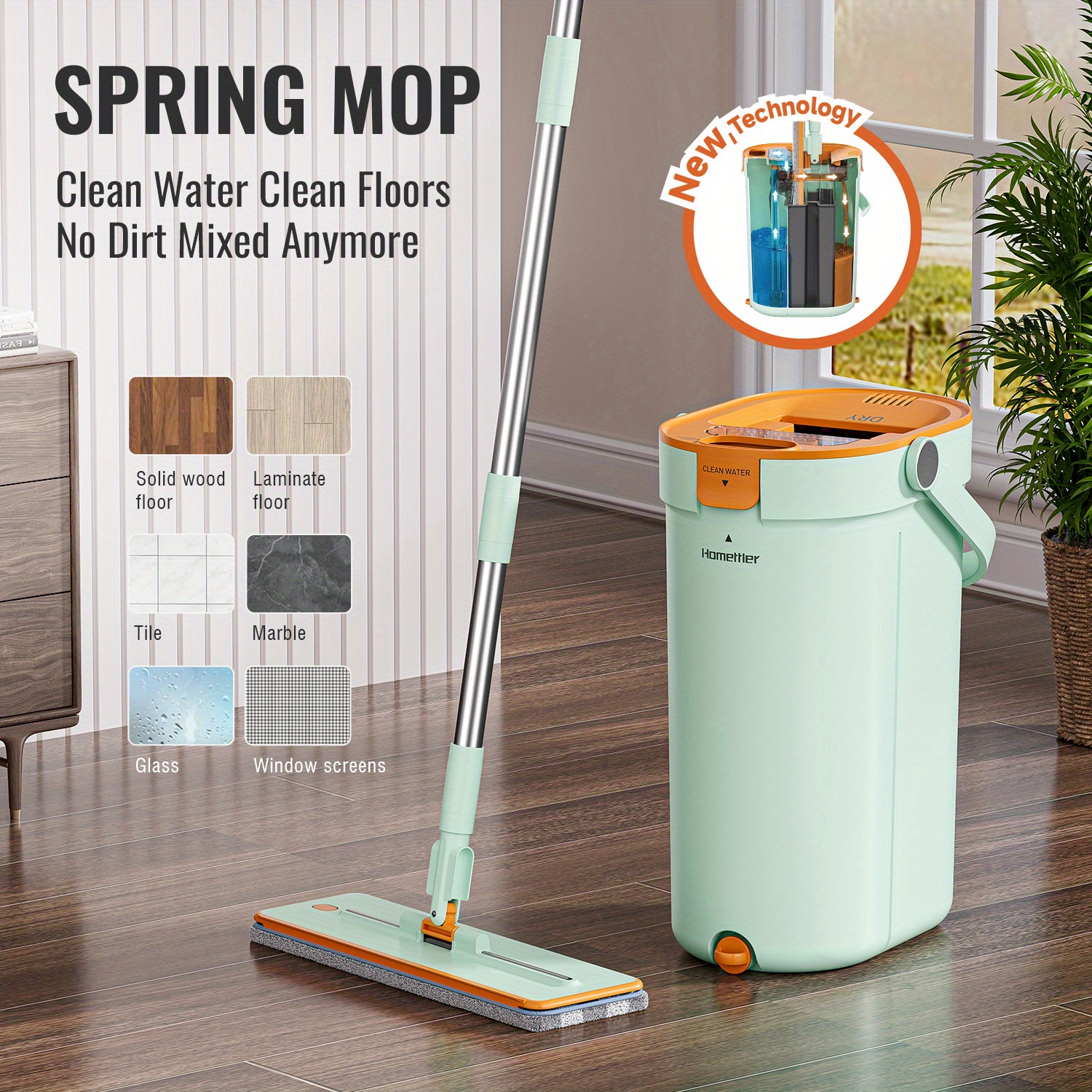 X3 Mop, Separates Dirty and Clean Water, 3-Chamber Design, Flat Mop and Bucket S