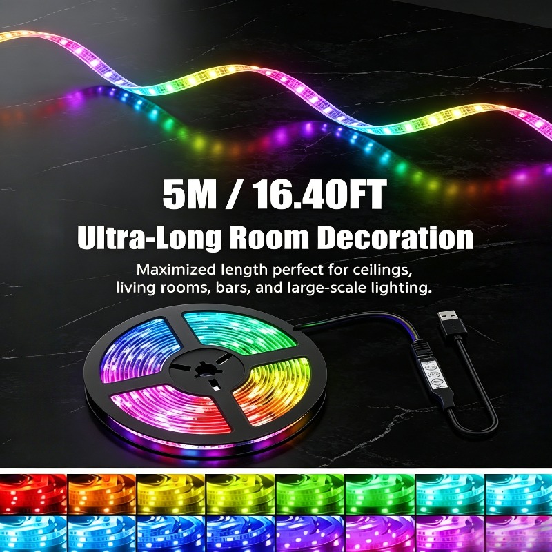 TEMU Usb Rgb Strip Mini Remote, Color-changing Led Lights Usb-powered, 3 Key Controller Strip, Usb Powered Led Strip For Bedroom Tv Kitchen, Mini