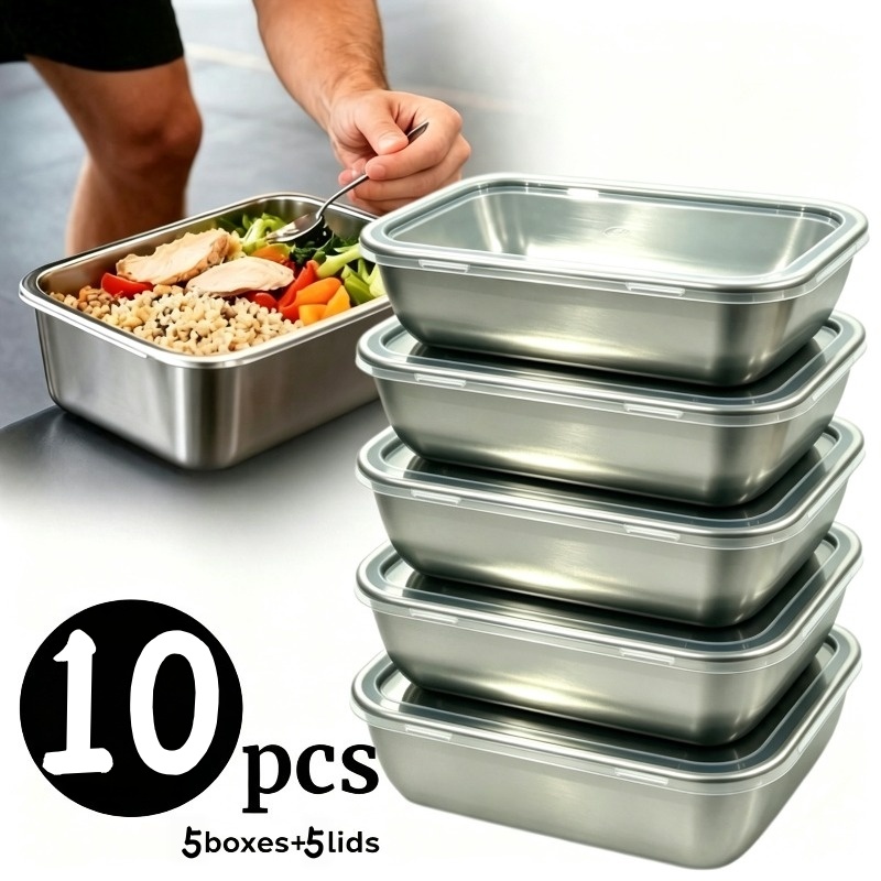 TEMU 10pcs (5pcs Lids And 5pcs Boxes)high-quality Reusable Stainless Steel Lunch Boxes, Food Storage Containers With Lids, Fresh-keeping Boxes, 316