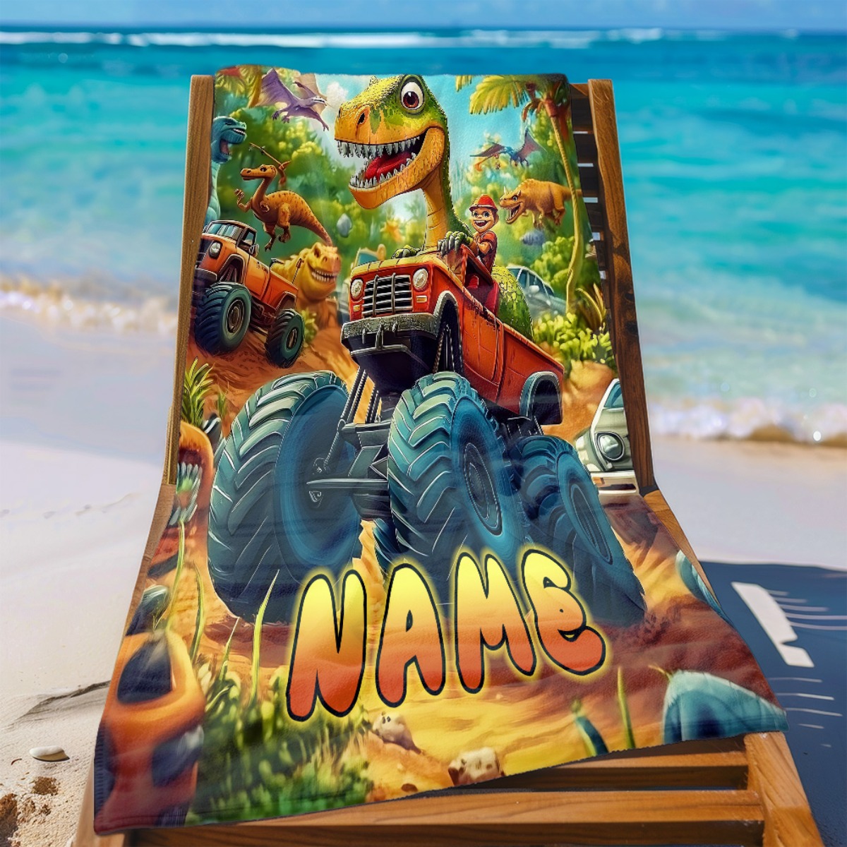 TEMU 1pc A Custom Dinosaur Monster Truck Beach Towel - Made From Soft, Ultra-absorbent Microfiber, Lightweight, Ideal For The Beach, Parties, Travel,
