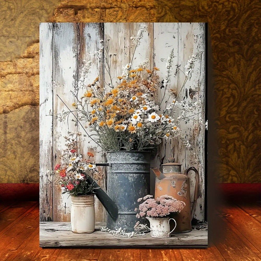 TEMU 1pc Rustic Charm Canvas Art With Wooden Frame - Vintage Floral And Design, Ink Print Wall Decor For Living Room & Bedroom, Elegant Country Style