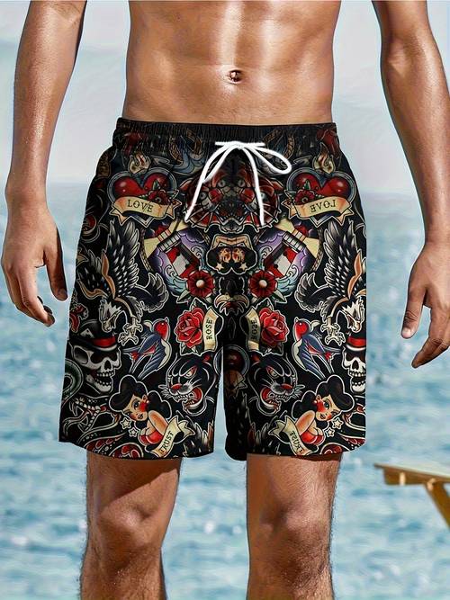 pantalones cortos casuales para hombre de talla - estampado de calavera y flores vibrantes, 100% poliéster, cintura con cordón, lavable a máquina, y , regular, talla .
