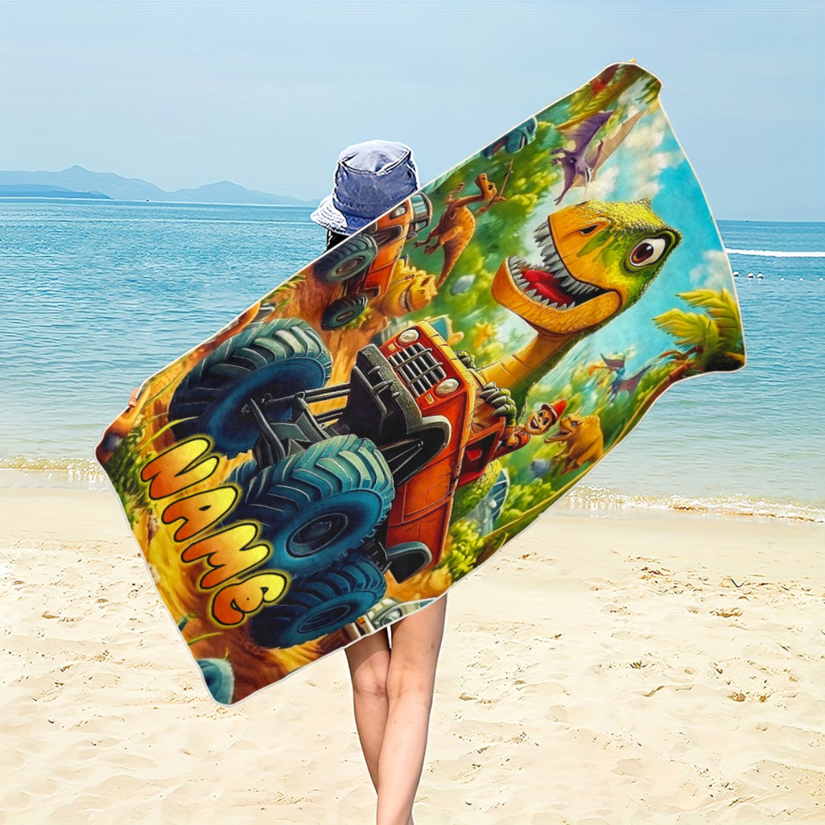 TEMU 1pc A Custom Dinosaur Monster Truck Beach Towel - Made From Soft, Ultra-absorbent Microfiber, Lightweight, Ideal For The Beach, Parties, Travel,