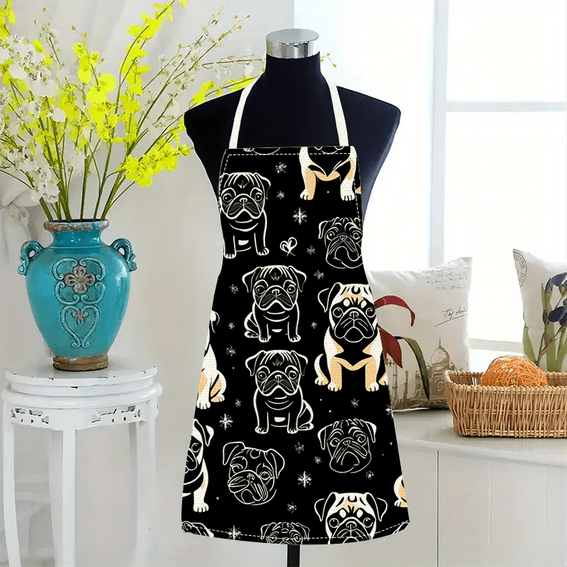 

1pc Pug Dog Print Linen Apron - Cute Cartoon Pattern, , Sleeveless, , Kitchen Cooking Apron For Home Use