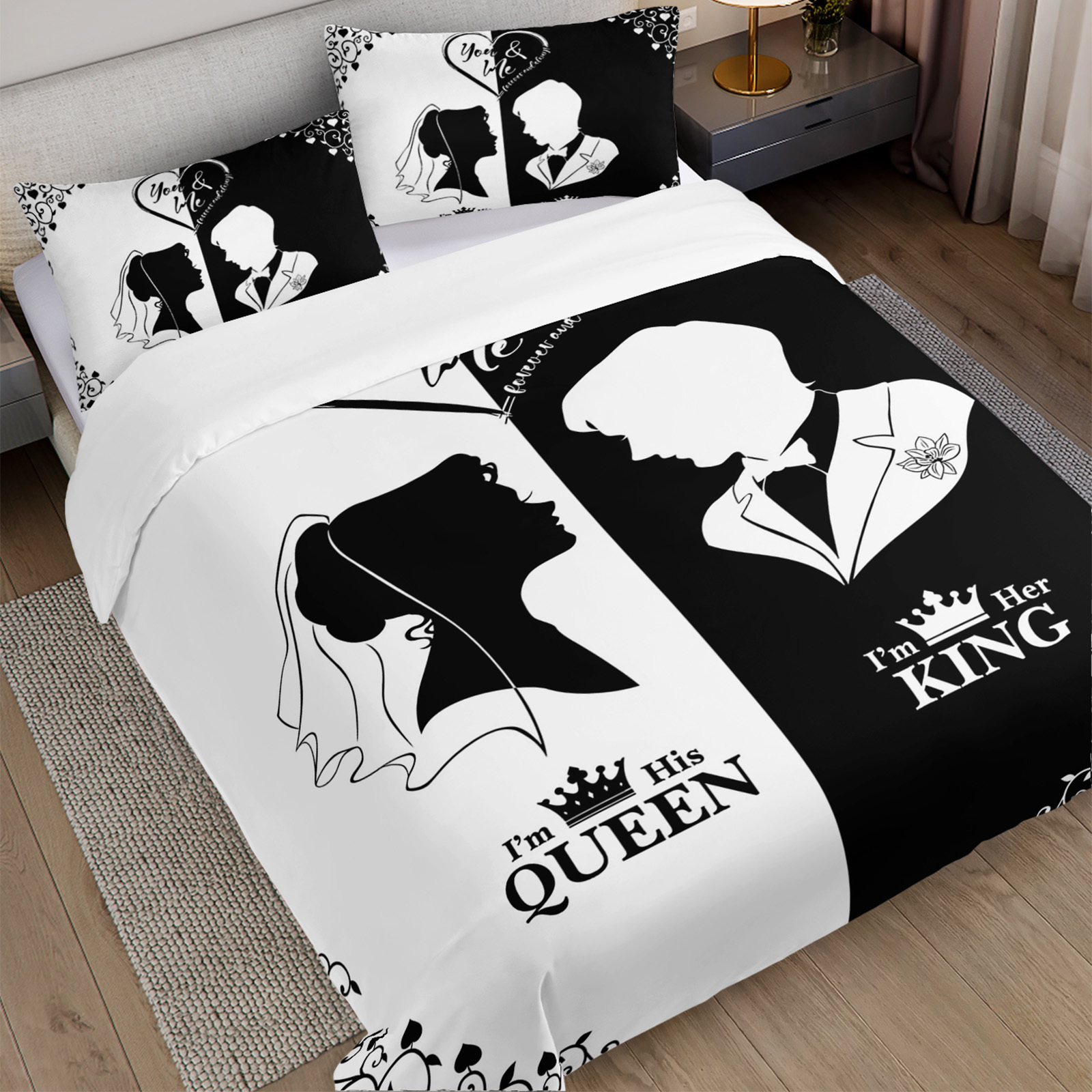 3pcs black white couple silhouette duvet cover king queen bedding set wedding bedroom decor   1duvet cover 2pillowcase no comforter Product details 4
