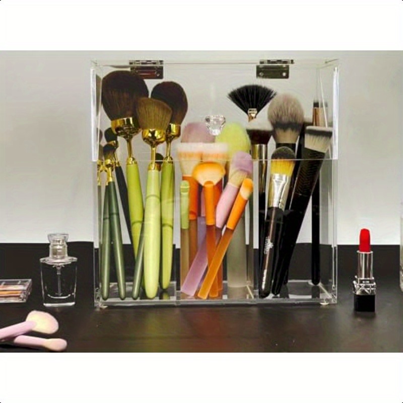 acrylic makeup organizerclear cosmetic brush storage box with 3 brush holders makeup brush holderwith dust cover largecapacity split design can quickly organize the desktop no pearls Product details 1
