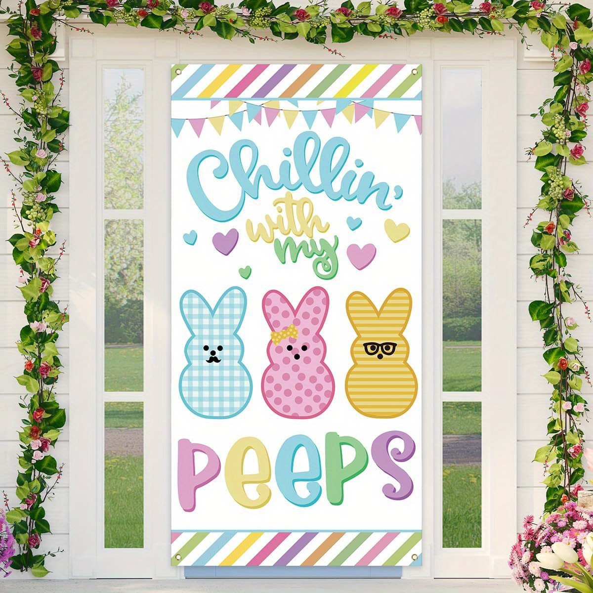 

' With My " Easter Bunny Banner - Vibrant Polyester Outdoor Decoration, No-power Needed, Featuring Stripes & Bunny Faces For & Party Decor