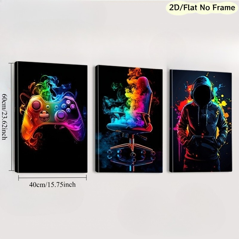 TEMU 2d Flat, 2d/flat, Frameless, 3pcs Set - Neon Game Controller, Chair, And Character Silhouette Smoke-black Background Canvas Art, Game-themed